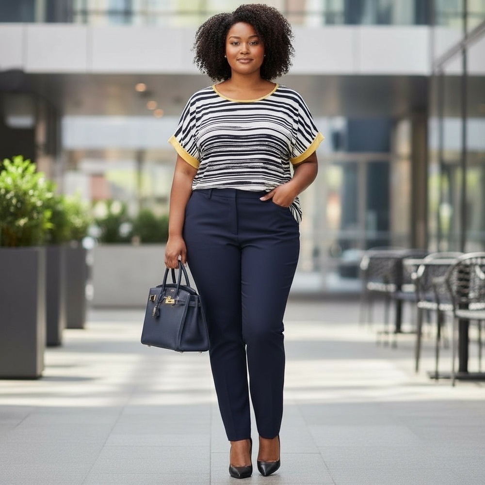 Diana‎ Belle Navy White Striped Top 1X Mustard Trim Stretch Short Sleeve